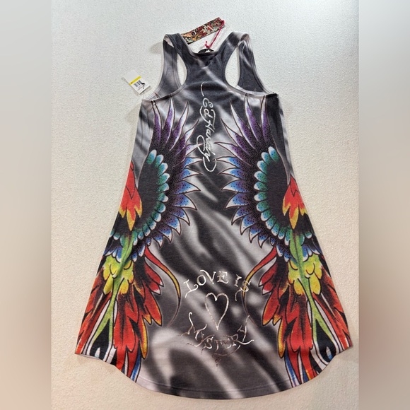 Ed Hardy Panther Swan Tattoo Tank Dress M Rhinestone Y2K Goth Festival Chic - Picture 3 of 9